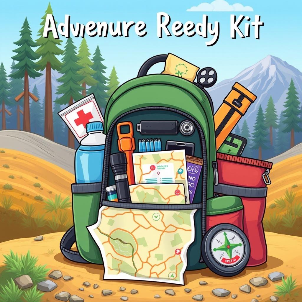 A vibrant and detailed illustration of an adventure readiness kit, known as a go kit