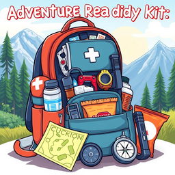 A vibrant and detailed illustration of an adventure readiness kit, known as a go kit