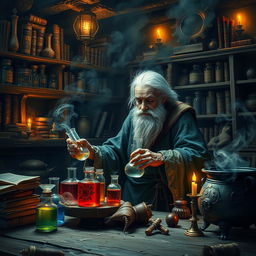 An old alchemist in a dimly lit laboratory, surrounded by ancient books and mystical artifacts