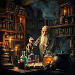 An old alchemist in a dimly lit laboratory, surrounded by ancient books and mystical artifacts