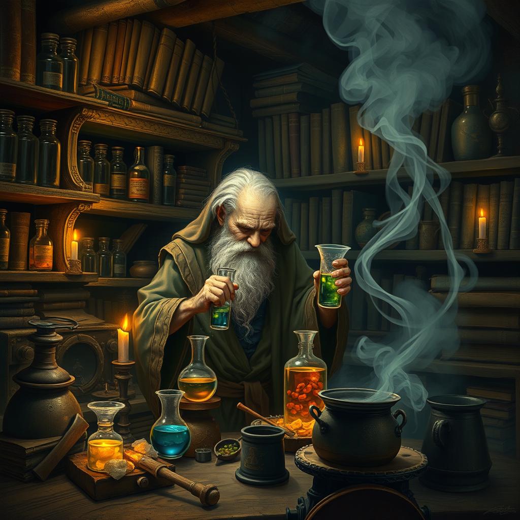 An old alchemist in a dimly lit laboratory, surrounded by ancient books and mystical artifacts