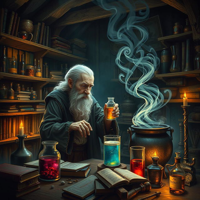 An old alchemist in a dimly lit laboratory, surrounded by ancient books and mystical artifacts