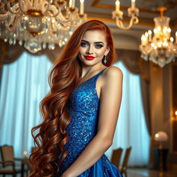 A stunning portrait of a beautiful woman with long flowing red hair, wearing an elegant blue evening gown that sparkles under soft, ambient lighting
