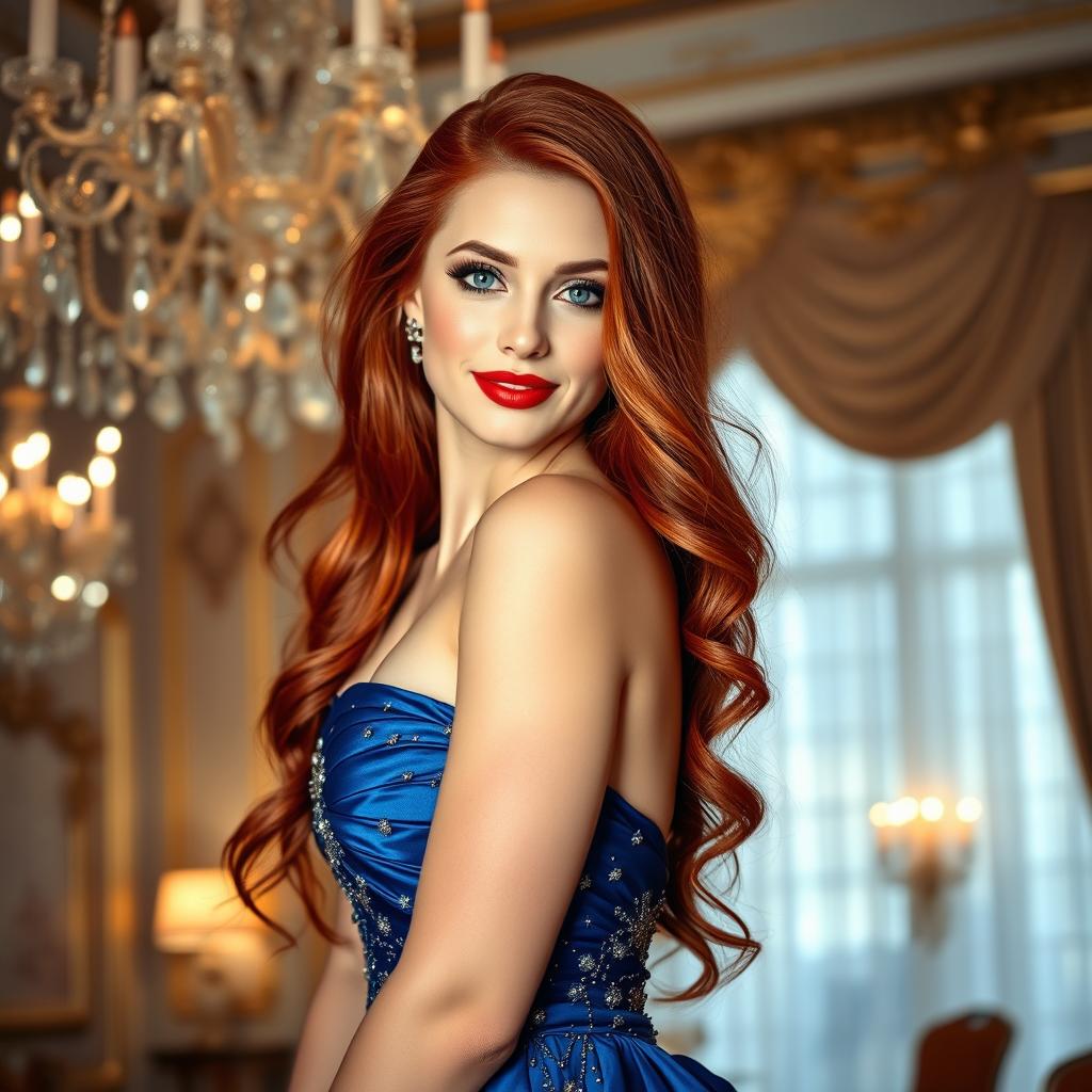 A stunning portrait of a beautiful woman with long flowing red hair, wearing an elegant blue evening gown that sparkles under soft, ambient lighting