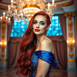 A stunning portrait of a beautiful woman with long flowing red hair, wearing an elegant blue evening gown that sparkles under soft, ambient lighting