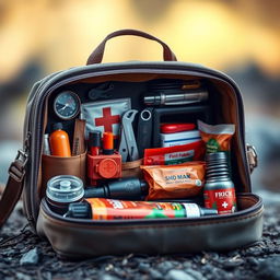 A realistic depiction of a go kit, intricately detailed with various survival tools and items like a compass, first aid kit, a multi-tool, a flashlight, and non-perishable food