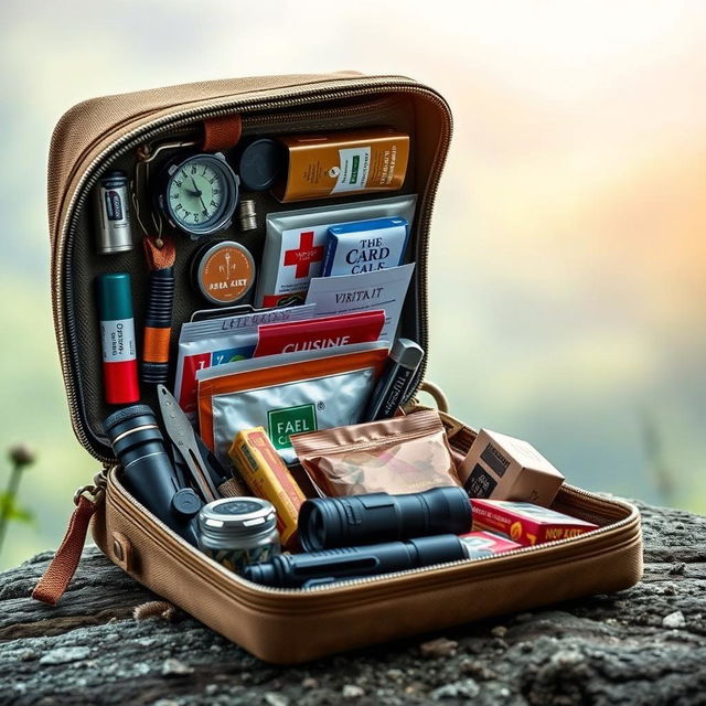 A realistic depiction of a go kit, intricately detailed with various survival tools and items like a compass, first aid kit, a multi-tool, a flashlight, and non-perishable food