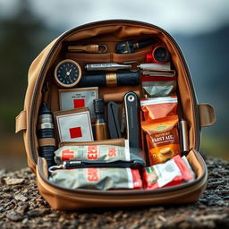 A realistic depiction of a go kit, intricately detailed with various survival tools and items like a compass, first aid kit, a multi-tool, a flashlight, and non-perishable food