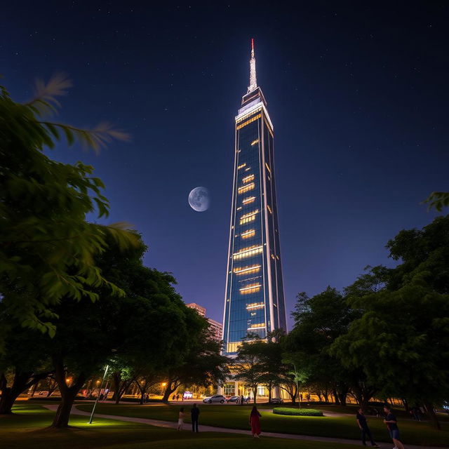 A stunning night view of the Noiado da Torre 11, illuminated by vibrant city lights