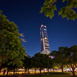 A stunning night view of the Noiado da Torre 11, illuminated by vibrant city lights