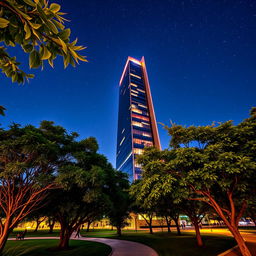 A stunning night view of the Noiado da Torre 11, illuminated by vibrant city lights