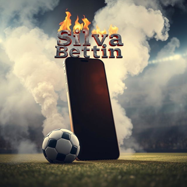 A soccer field filled with smoke and flares, showcasing a giant smartphone positioned vertically in the center of the field, dominating the scene