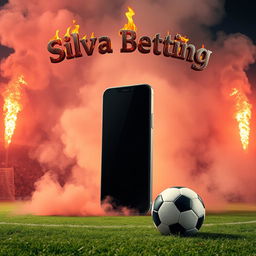 A soccer field filled with smoke and flares, showcasing a giant smartphone positioned vertically in the center of the field, dominating the scene