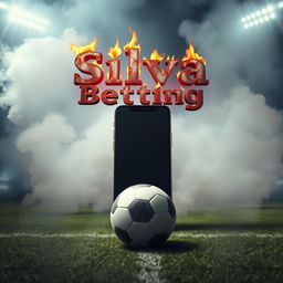 A soccer field filled with smoke and flares, showcasing a giant smartphone positioned vertically in the center of the field, dominating the scene