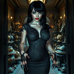 A stunning 19-year-old woman with an hourglass figure and pale skin stands dramatically in the doorway of a haunted mansion