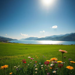 An image of a bright and vibrant landscape, featuring lush green fields under a clear blue sky, with distant mountains softly illuminated by the sunlight
