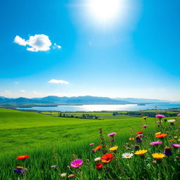 An image of a bright and vibrant landscape, featuring lush green fields under a clear blue sky, with distant mountains softly illuminated by the sunlight