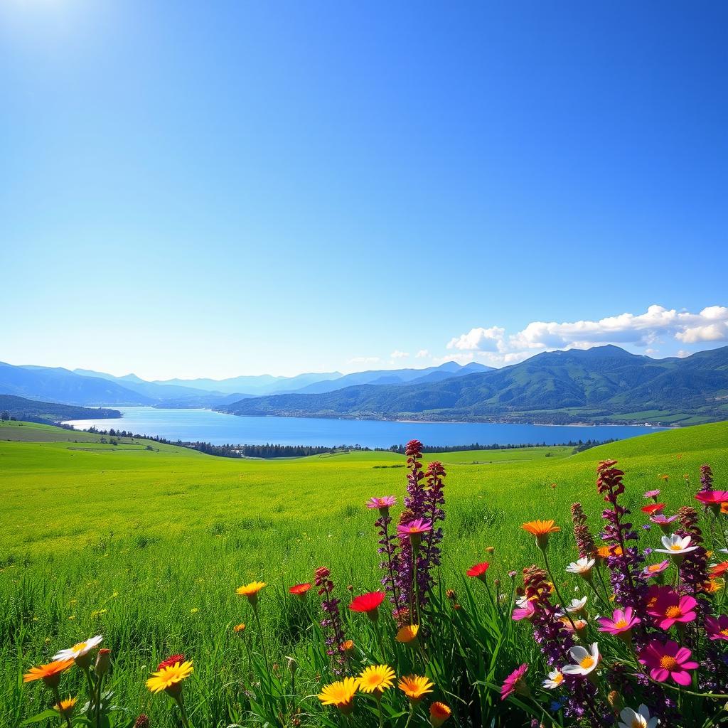 An image of a bright and vibrant landscape, featuring lush green fields under a clear blue sky, with distant mountains softly illuminated by the sunlight