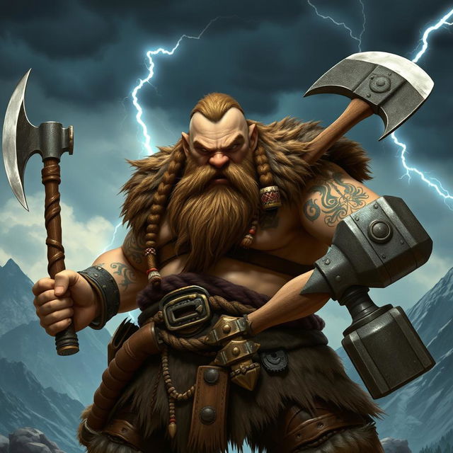 A fierce dwarf barbarian, robust and muscular, wielding a double axe in one hand and a thunder hammer in the other