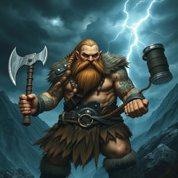 A fierce dwarf barbarian, robust and muscular, wielding a double axe in one hand and a thunder hammer in the other