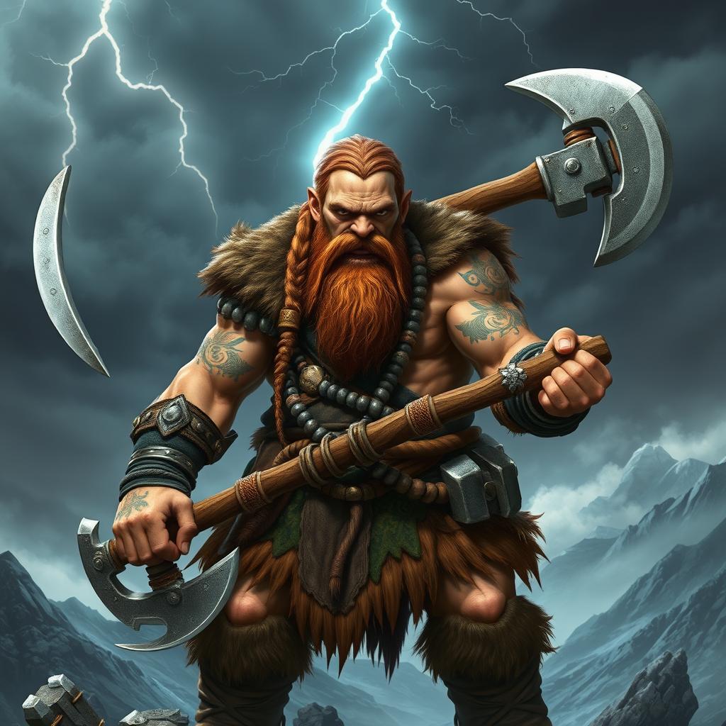 A fierce dwarf barbarian, robust and muscular, wielding a double axe in one hand and a thunder hammer in the other