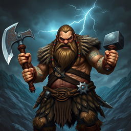 A fierce dwarf barbarian, robust and muscular, wielding a double axe in one hand and a thunder hammer in the other