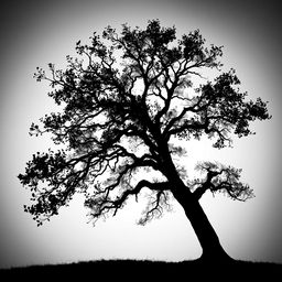 A striking black and white silhouette of a majestic tree with intricate branches, set against a gradient background that fades from soft gray to deep black