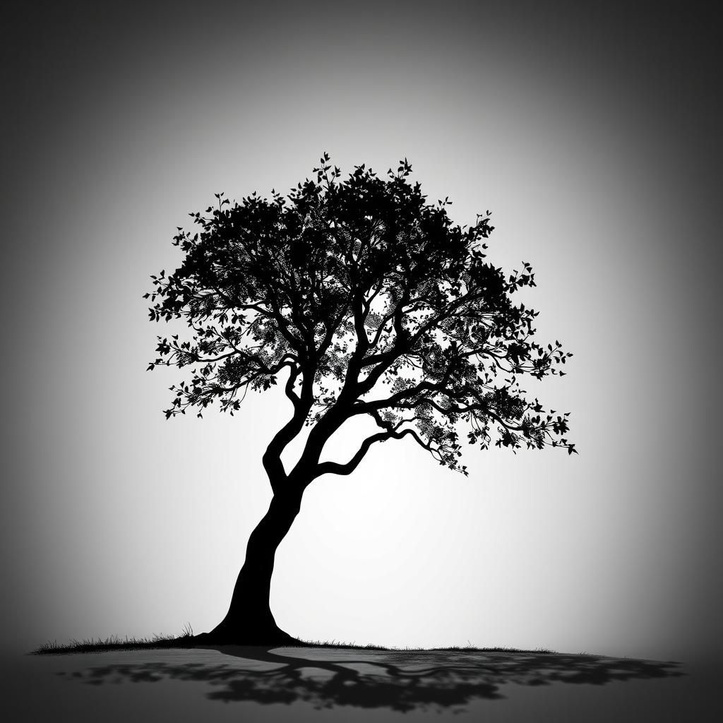 A striking black and white silhouette of a majestic tree with intricate branches, set against a gradient background that fades from soft gray to deep black