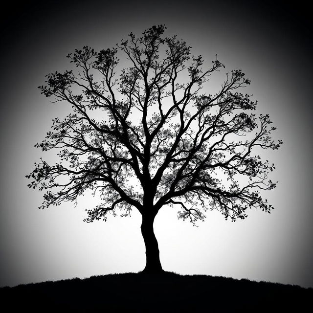 A striking black and white silhouette of a majestic tree with intricate branches, set against a gradient background that fades from soft gray to deep black