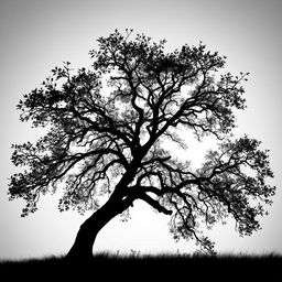 A striking black and white silhouette of a majestic tree with intricate branches, set against a gradient background that fades from soft gray to deep black