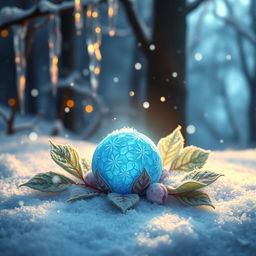 A magical frost berry, glowing with an ethereal light, nestled amidst a bed of shimmering snow