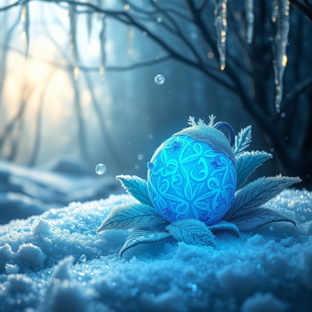 A magical frost berry, glowing with an ethereal light, nestled amidst a bed of shimmering snow