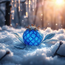 A magical frost berry, glowing with an ethereal light, nestled amidst a bed of shimmering snow