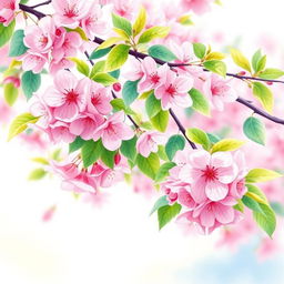 A beautiful cherry blossom tree in full bloom, showcasing delicate pink flowers with vibrant green leaves