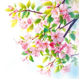 A beautiful cherry blossom tree in full bloom, showcasing delicate pink flowers with vibrant green leaves