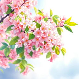 A beautiful cherry blossom tree in full bloom, showcasing delicate pink flowers with vibrant green leaves