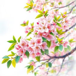 A beautiful cherry blossom tree in full bloom, showcasing delicate pink flowers with vibrant green leaves