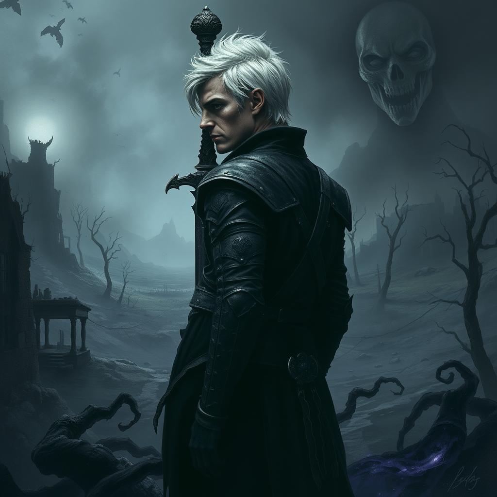 In a dark, gritty post-apocalyptic landscape, Velric Solaryn stands with his back slightly turned, showcasing his battle-scarred face with only one eye visible