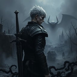 In a dark, gritty post-apocalyptic landscape, Velric Solaryn stands with his back slightly turned, showcasing his battle-scarred face with only one eye visible