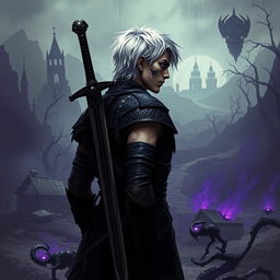 In a dark, gritty post-apocalyptic landscape, Velric Solaryn stands with his back slightly turned, showcasing his battle-scarred face with only one eye visible