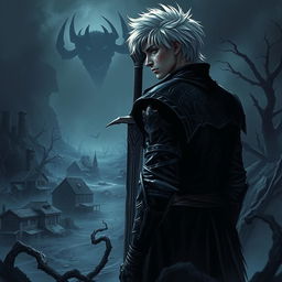In a dark, gritty post-apocalyptic landscape, Velric Solaryn stands with his back slightly turned, showcasing his battle-scarred face with only one eye visible