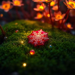 A magical red flake, glowing softly in a mystical forest setting, resting delicately on a bed of vibrant green moss