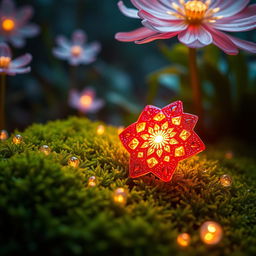 A magical red flake, glowing softly in a mystical forest setting, resting delicately on a bed of vibrant green moss