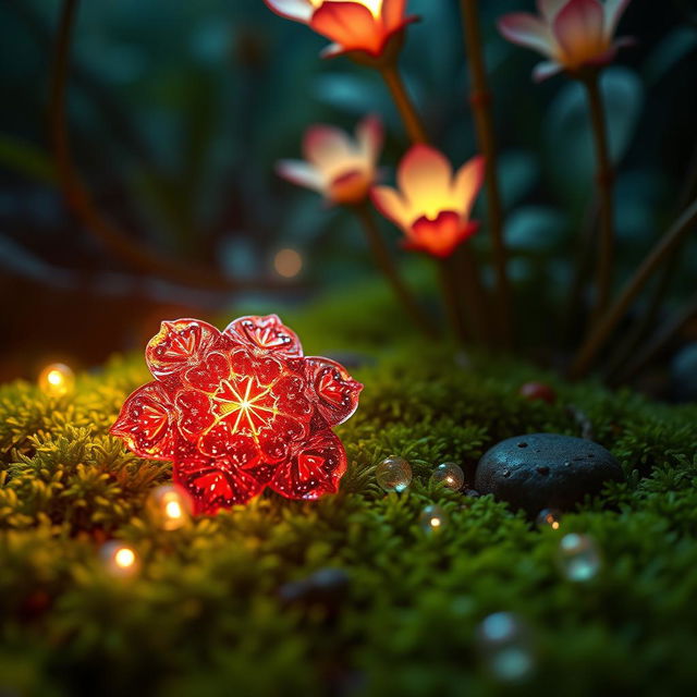 A magical red flake, glowing softly in a mystical forest setting, resting delicately on a bed of vibrant green moss