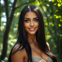 A stunningly beautiful woman with long, silky black hair cascading down her shoulders