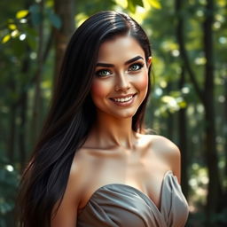 A stunningly beautiful woman with long, silky black hair cascading down her shoulders