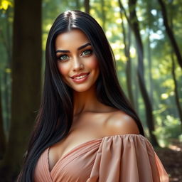 A stunningly beautiful woman with long, silky black hair cascading down her shoulders