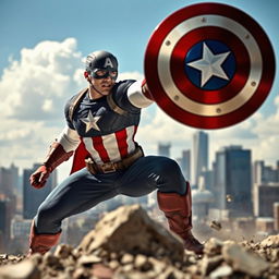 A dramatic scene depicting Captain America, dressed in his iconic red, white, and blue costume, energetically throwing his shield