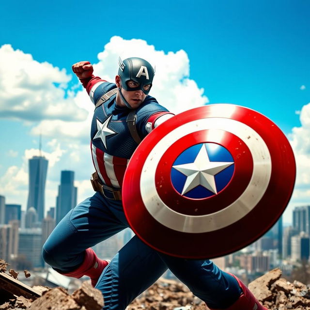 A dramatic scene depicting Captain America, dressed in his iconic red, white, and blue costume, energetically throwing his shield