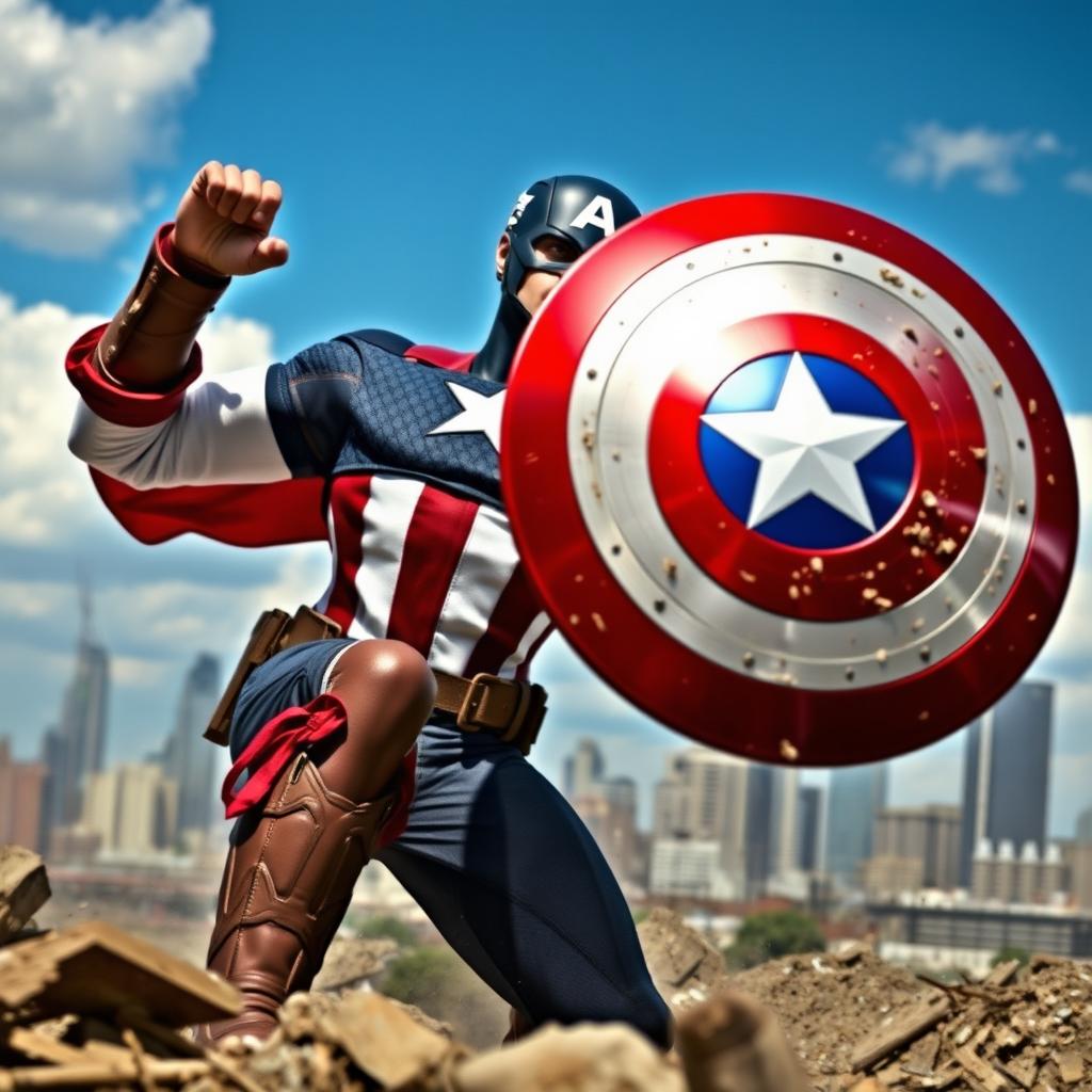 A dramatic scene depicting Captain America, dressed in his iconic red, white, and blue costume, energetically throwing his shield